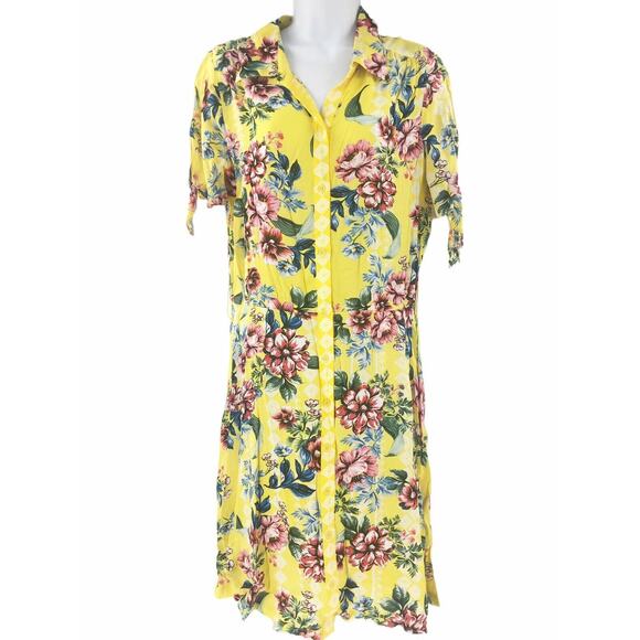 Y2K ECI New York Shirt Dress Size 4 Yellow Floral Button Up Short Sleeve NO BELT - Picture 2 of 7